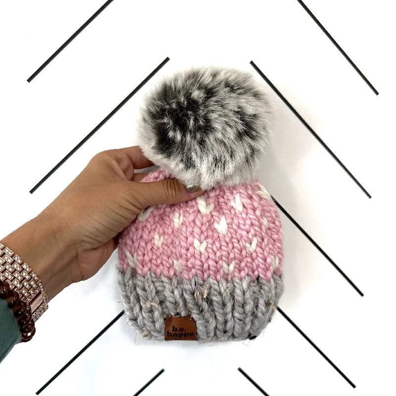 beanies for travel comfort-  3-6 month Baby Happe Hearts Knit Pom Hat | Blossom Pink + Grey + Off White