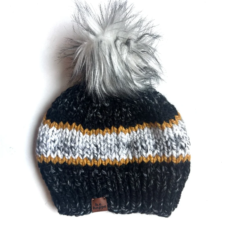 beanies with extra warmth-  Youth Stripe Knit Pom Hat | Black + Mustard Yellow