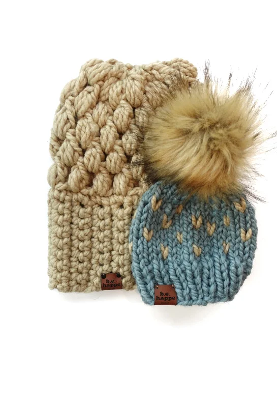 beanies with cool textures-  Mommy + Me | Puff Stitch Slouch + Happe Heart | Peanut