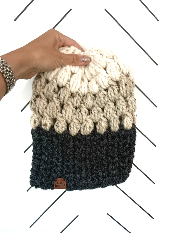 beanies for versatile wear-  Crochet Puff Stitch Slouch Hat | Charcoal Gray + Oatmeal + Off White