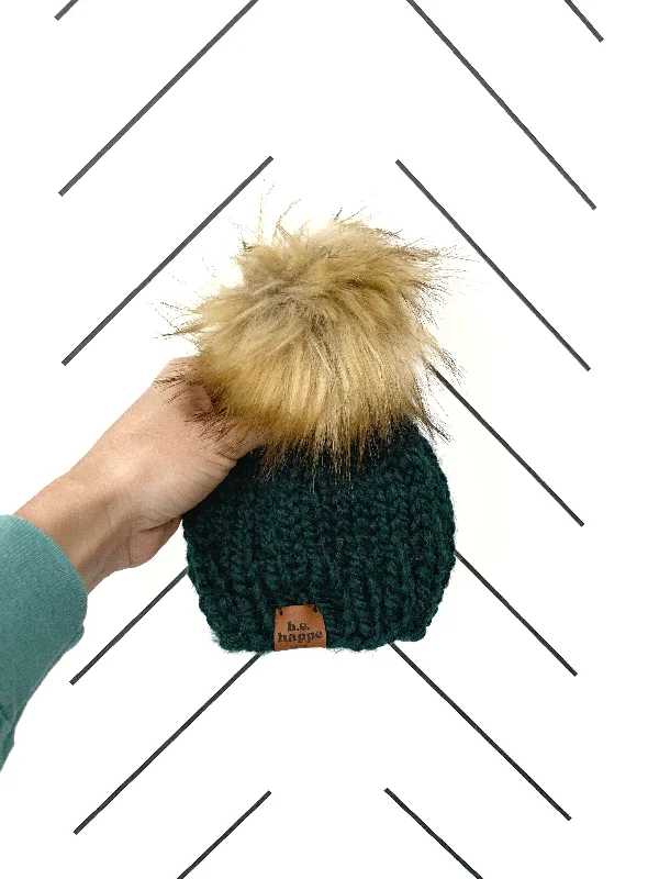 beanies with vibrant colors-  3-6 month Baby Solid Knit Pom Hat | Dark Green