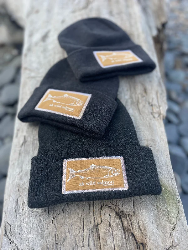 beanies for snowboarding-  Slate AK Wild Salmon Patch Beanie $38.00