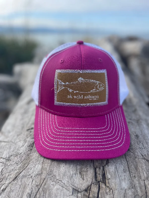 beanies for protecting from wind-  Fireweed / White AK Wild Salmon Patch Hat. $38.00