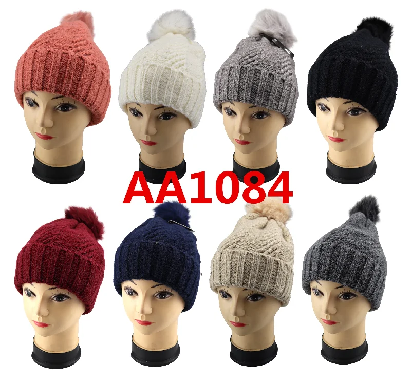 beanies with heavy knit-  Winter Cable Knitted Cuffed Hat Beanies Skull Cap Fur Lining W/Fur Pom AA1084