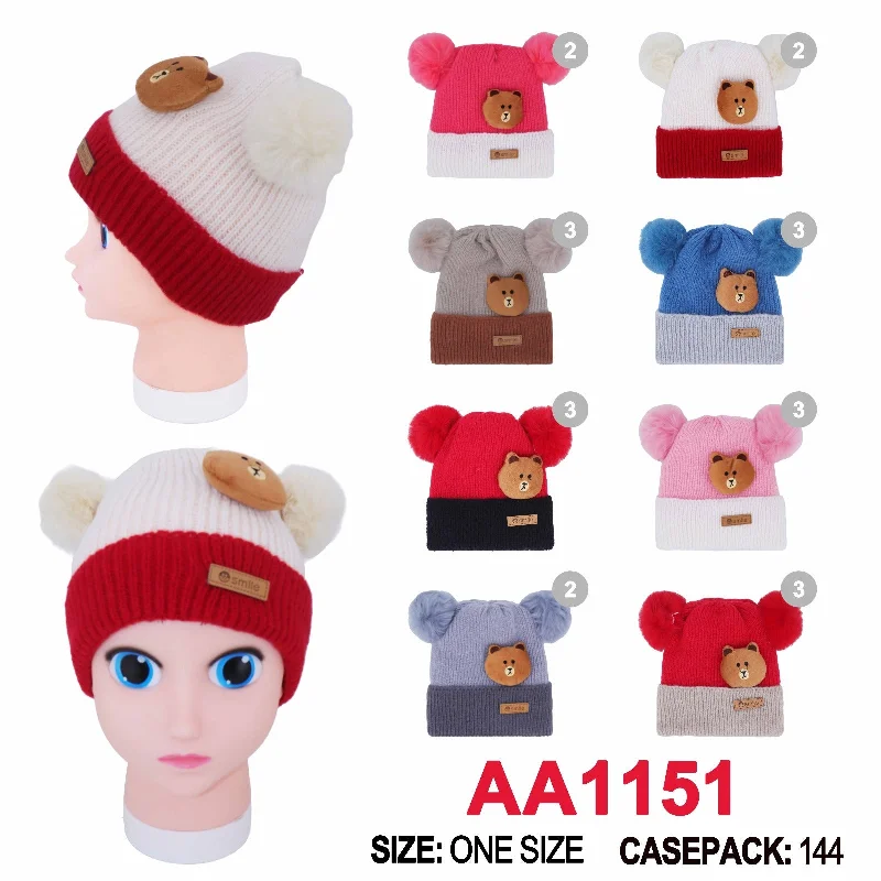 beanies for travel comfort-  Kids Boys Girls Children Cute Bear Smile Winter Warm Hats Caps With Pom AA1151