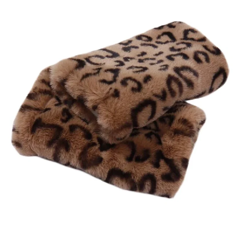 wool hats for ski trips-womens hats for running-Brown Leopard Print Short Plush Arm Warmer Women Winter Warm Arm Sleeve Fingerless Thumb Hole Mittens Gloves