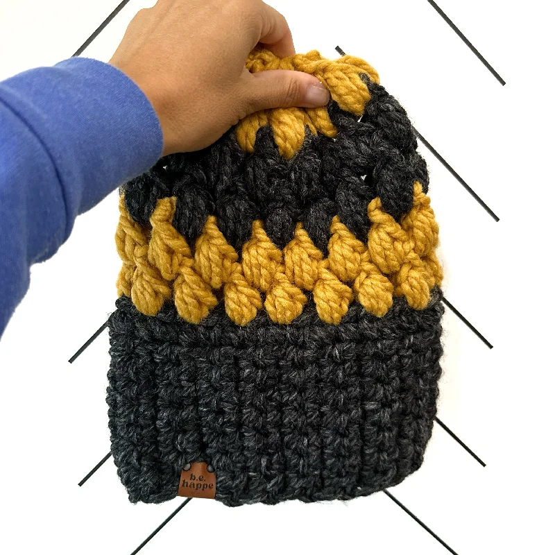 beanies for weather protection-  Crochet Puff Stitch Slouch Hat | Charcoal Gray + Mustard