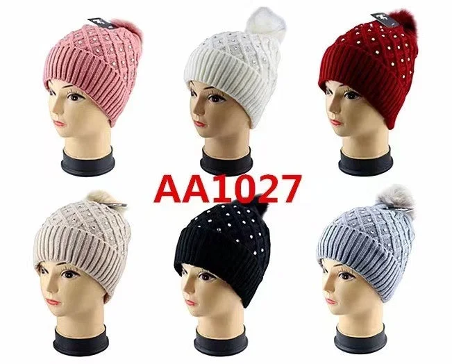 beanies for weekend trips-  Lady Winter Cable Knitted Long Cuffed Hat Beanies Fur Lining W/Fur Pom And Stone AA1027