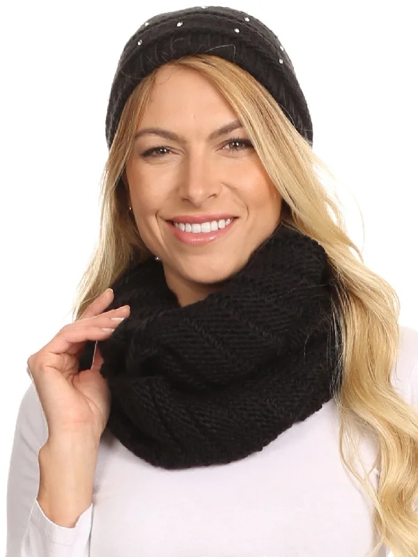 beanies for cold weather-  Sakkas Sayla Rhinestone Jewel Soft Warm Woven Cable Knit Beanie Hat And Scarf Set