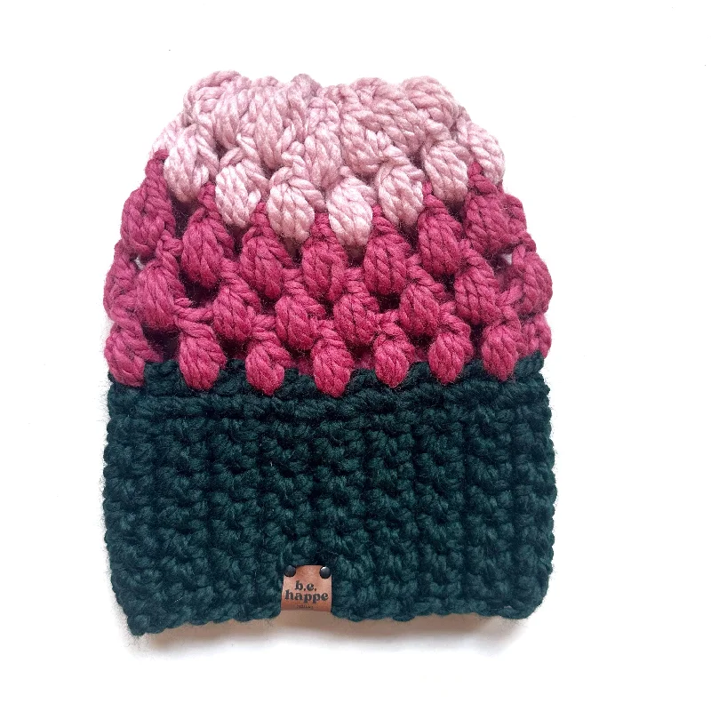 beanies for everyday style-  Crochet Puff Stitch Slouch Hat | Green + Pink