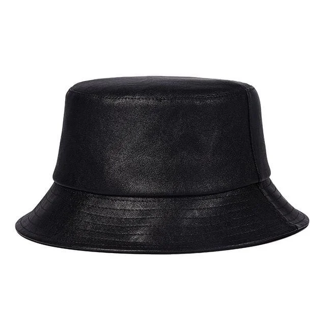 Bucket hats for effortless streetwear looks-Men's Punk Faux Leather Black Floppy Visor Bucket Hat