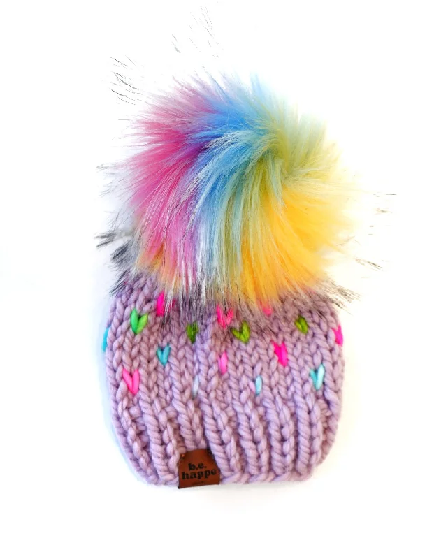 beanies with stylish features-  Youth Knit Hearts Pom Hat | Purple Rainbow