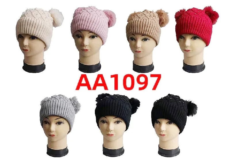 beanies for layering up-  Lady Winter Cable Knitted Long Cuffed Hat Beanies Fur Lining W/ Two Poms And Stone AA1097