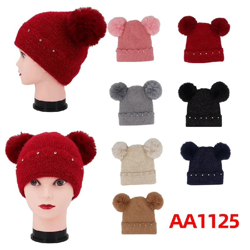 beanies with ear protection-  Women Winter Cable Knitted Hat Beanies Fur Lining Stone W/Two Poms AA1125