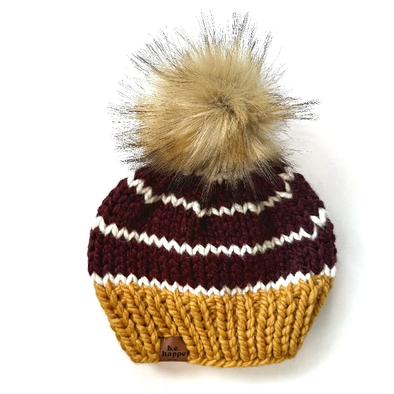 beanies with bold, fashionable pompom-  Adult Striped Knit Pom Hat | Mustard Yellow + Maroon/Burgundy