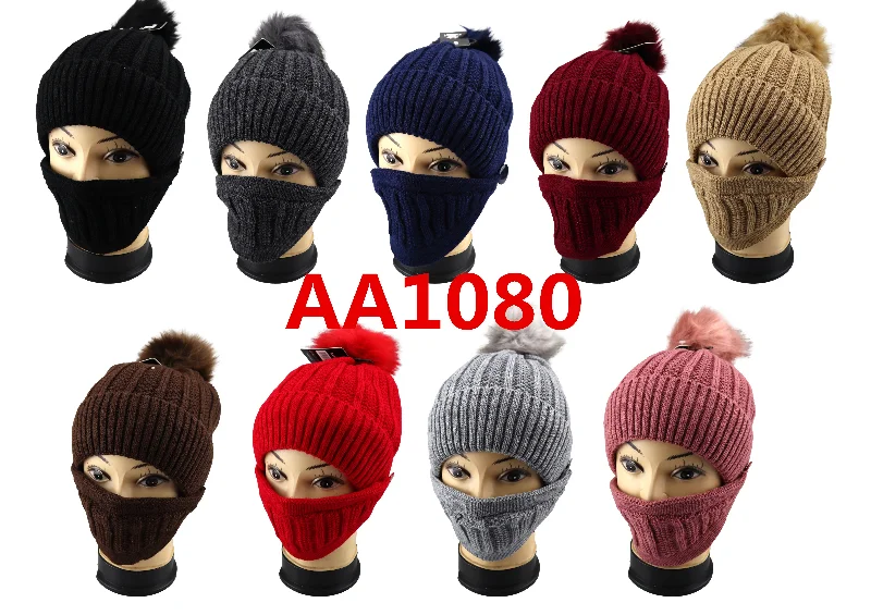 beanies with neutral colors-  Fur Pom Pom Knit Hat With Removable Face Mask, AA1080