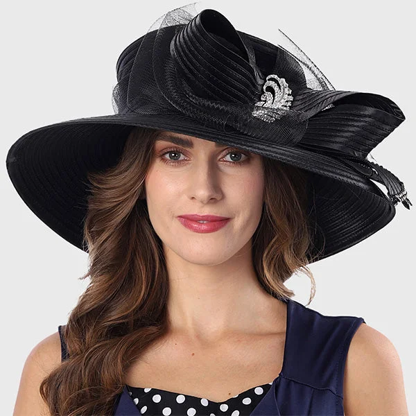 wool hats for stylish protection against chilly winds-womens hats for versatile travel-Satin Women Church Hats with Wide Brim and Rhinestone SD712