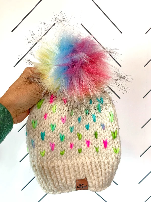 beanies for everyday wear-  0-3 month Baby Hearts Knit Pom Hat | Off White Rainbow