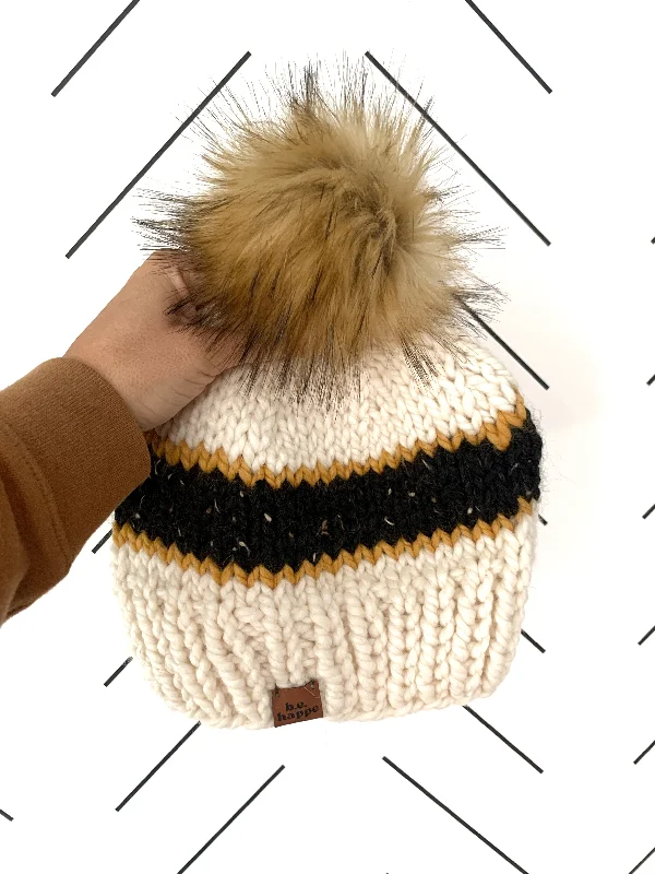 beanies for long walks in winter-  Adult Vintage Stripe Knit | Off White + Black + Mustard