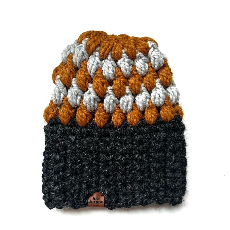 beanies with bright colors-  Crochet Puff Stitch Slouch Hat | Charcoal Gray + Gray + Butterscotch