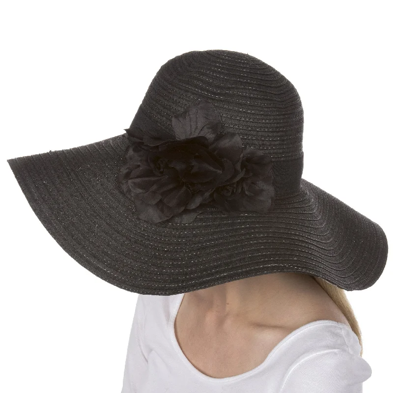 beanies for fashionable women-  Sakkas Daisy UPF 50+ 100% Paper Straw Flower Accent Wide Brim Floppy Hat