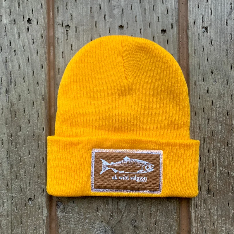 beanies with woven knit-  Honey AK Wild Salmon Patch Beanie 38.00