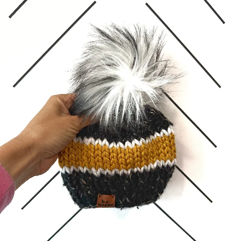 beanies for work-  3-6 month Baby Stripe Knit Pom Hat | Black + Yellow