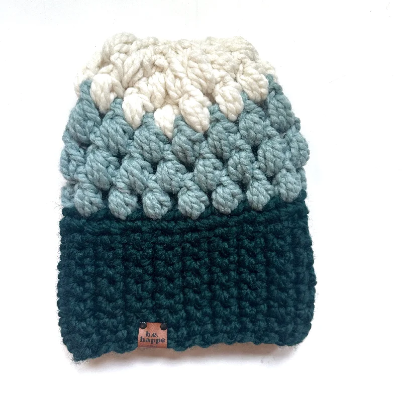 beanies for windy weather-  Crochet Puff Stitch Slouch Hat | Green + Blue + Cream