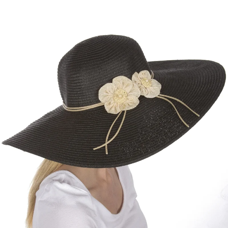 beanies for stylish outdoor looks-  Sakkas Bella UPF 50+ 100% Paper Straw Flower Accent Wide Brim Floppy Hat