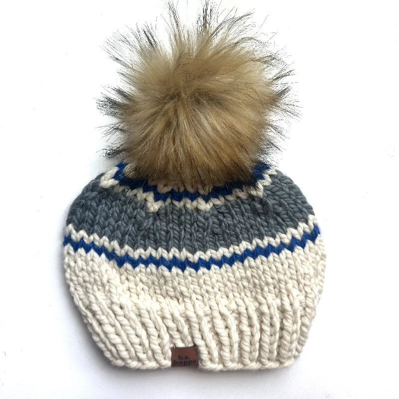 beanies for cold outdoor activities-  Adult Stripe Knit Pom Hat | Off White + Gray + Blue