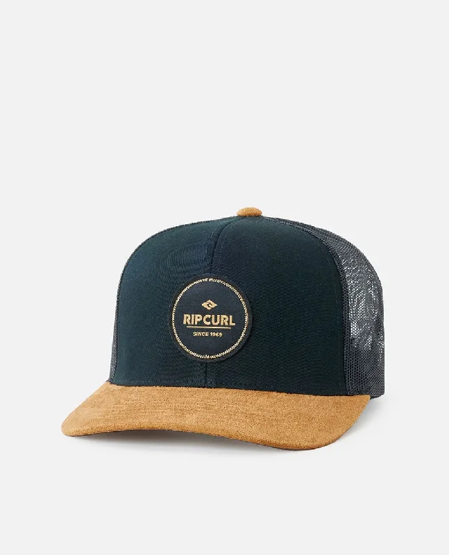 beanies for street style-  Rip Curl Routine Curve Trucker Hat-Black/Tan