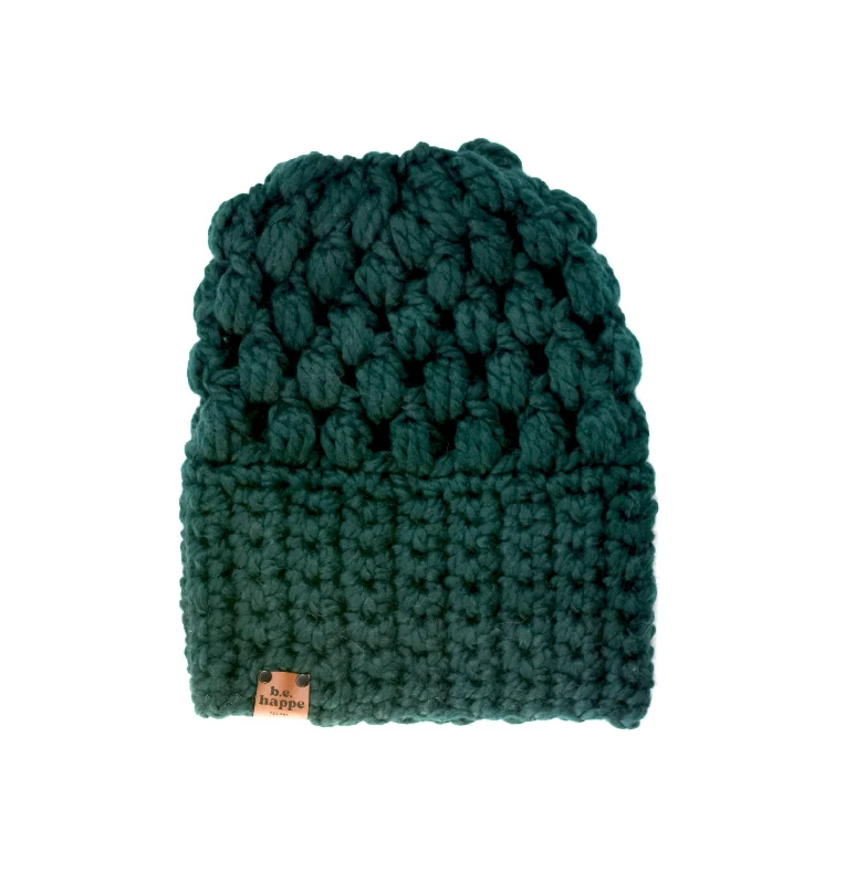 beanies with bold colors-  Crochet Puff Stitch Slouch Hat | Dark Green