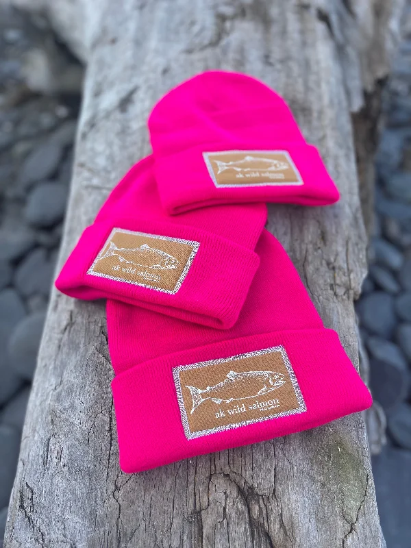 beanies with trendy pompom-  Fireweed AK Wild Salmon Patch Beanie 38.00