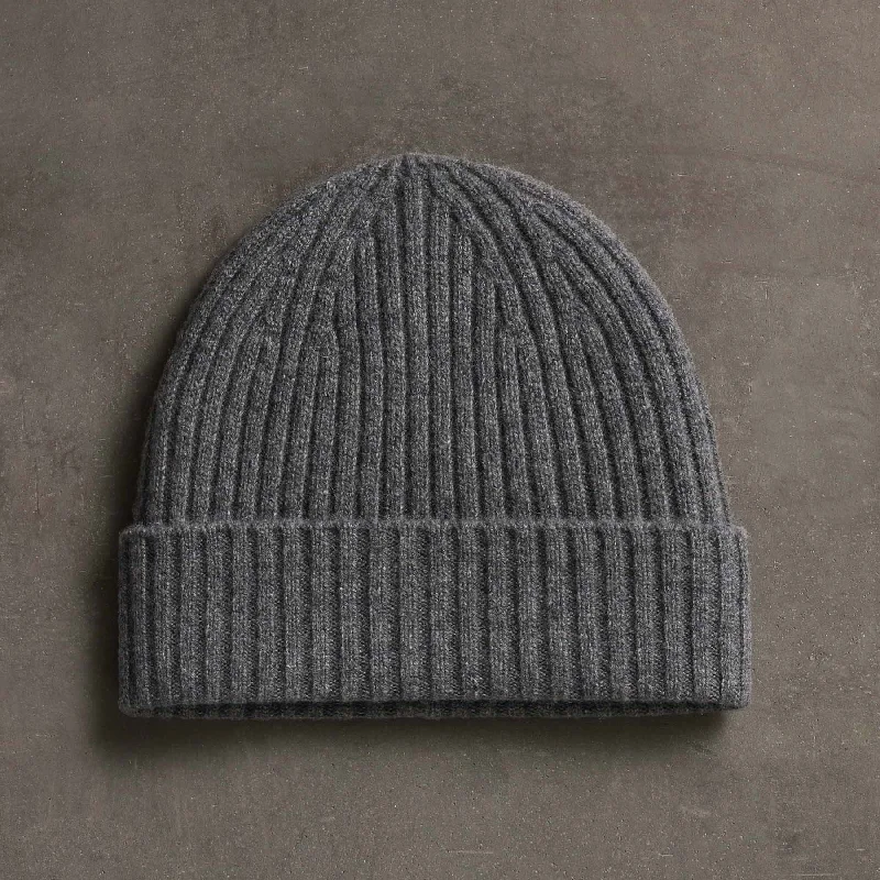 beanies for mountain trips-  Recycled Cashmere Ribbed Beanie - Grey Felt