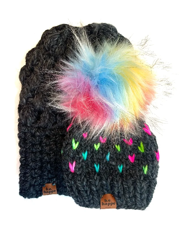 beanies for winter trips-  Mommy + Me | Puff Slouch + Happe Heart | Charcoal Rainbow